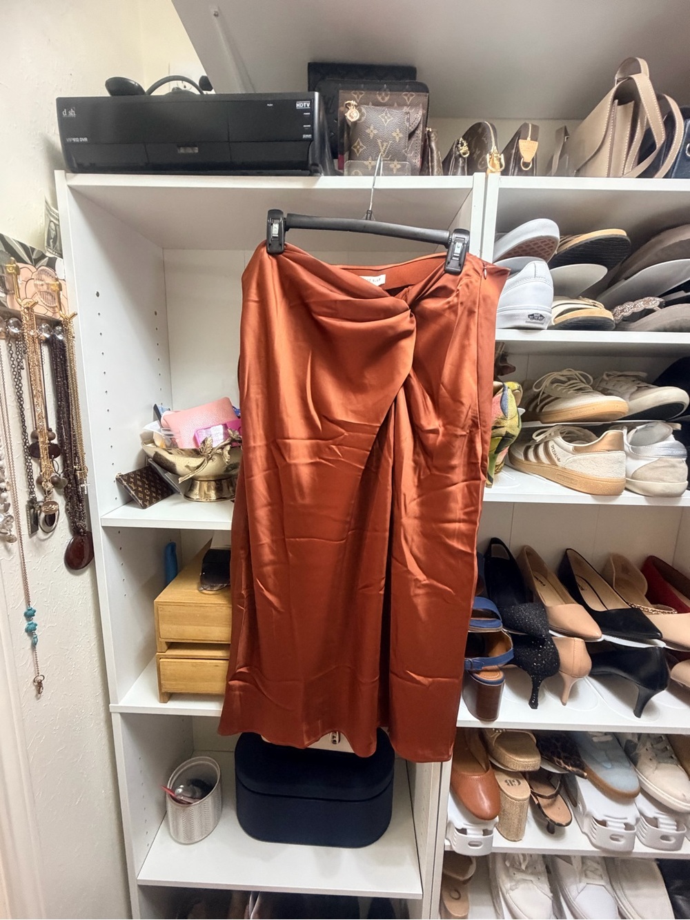 Skies Are Blue Rust Orange Satin Twist Wrap Midi Skirt